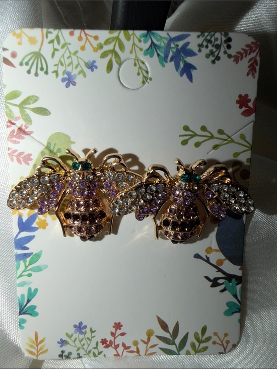 Jewelry - Gold-tone Bee Earrings with Purple and Clear Crystals